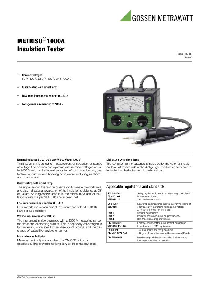 GOSSEN METRAWATT METRISO 1000A Insulation Tester 数据手册
