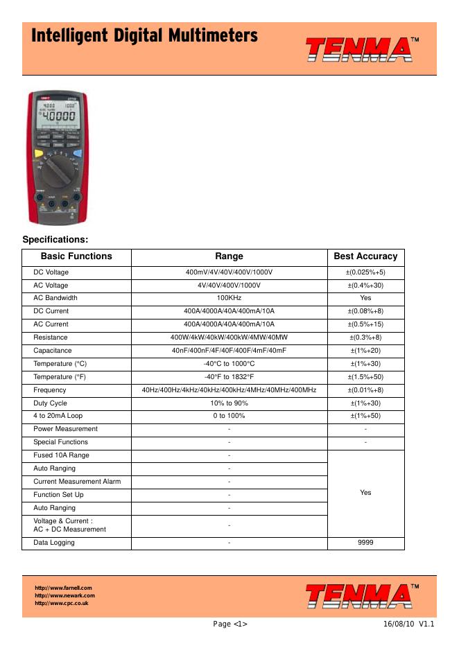 TENMA - Intelligent Digital Multimeters 数据手册