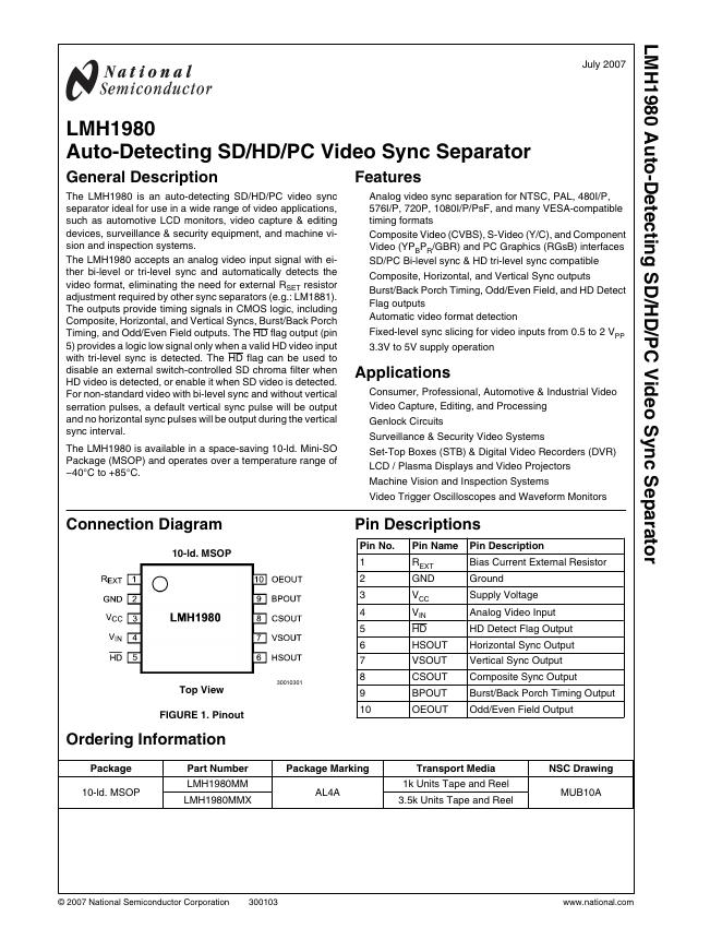 NATIONAL SEMICONDUCTOR LMH1980 数据手册