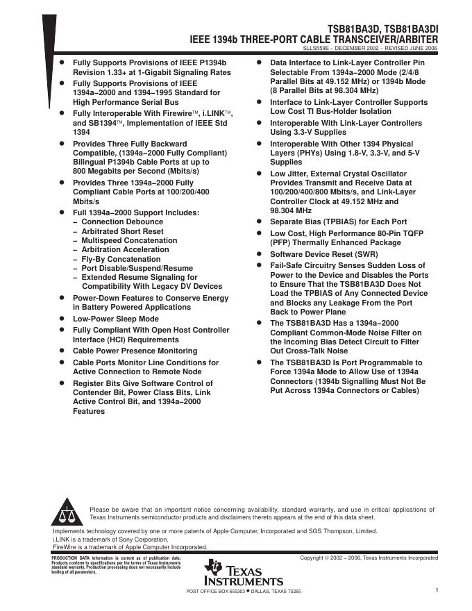 TEXAS INSTRUMENTS TSB81BA3D/TSB81BA3DI 数据手册