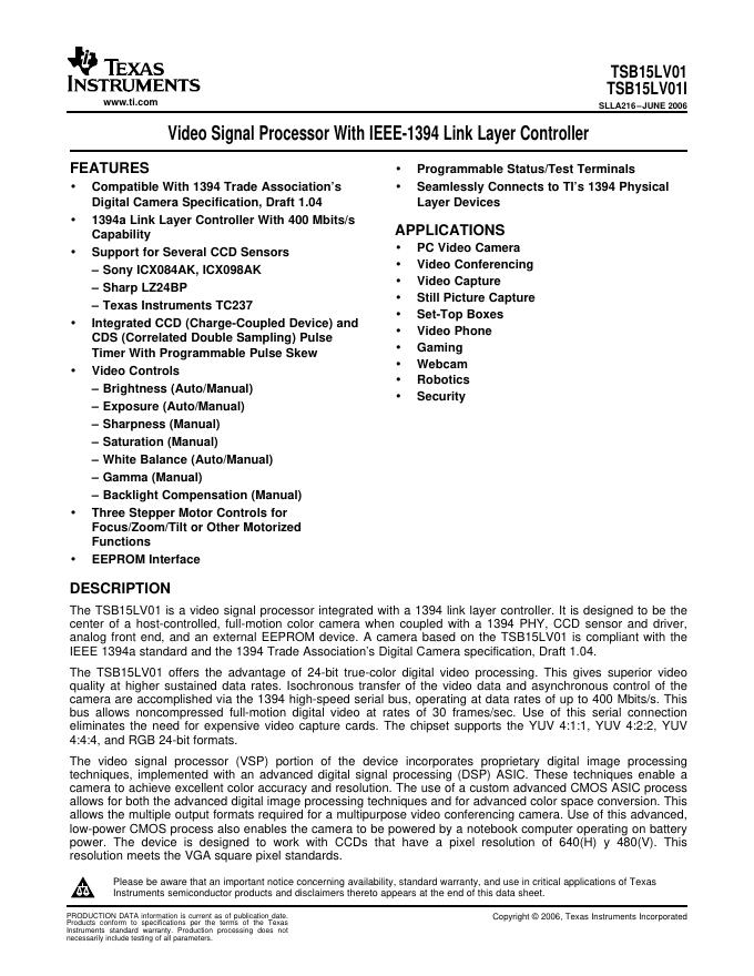 TEXAS INSTRUMENTS TSB15LV01/TSB15LV01I 数据手册