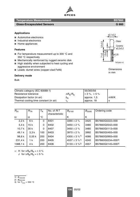 EPCOS B57660 Glass-Encapsulated Sensors 数据手册