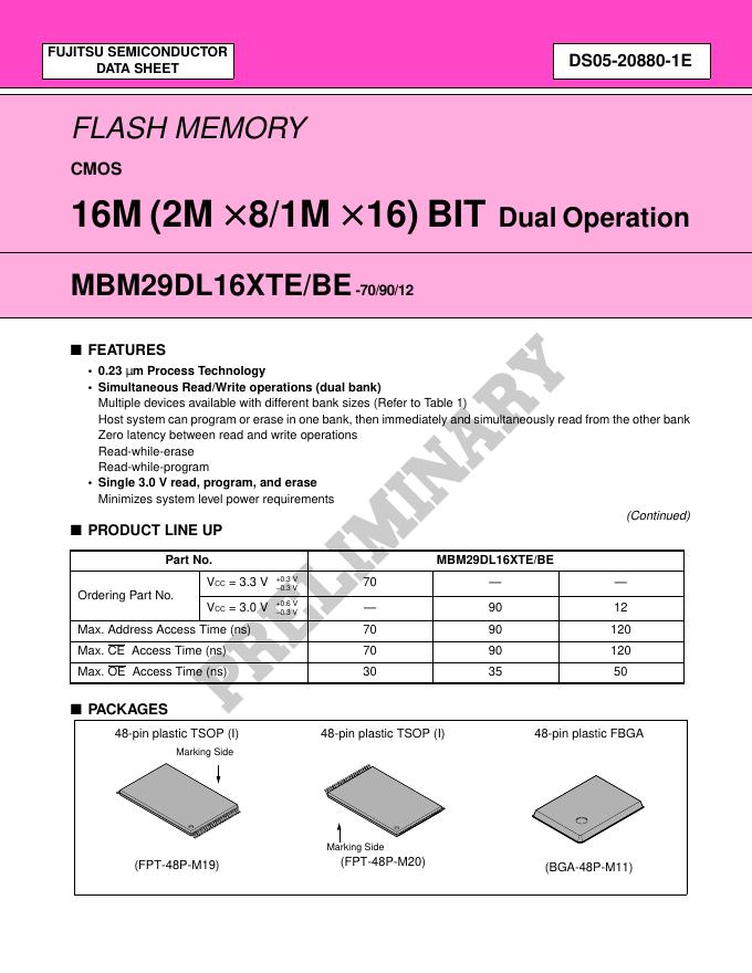 FUJITSU SEMICONDUCTOR MBM29DL16XTE/BE-70/90/12 数据手册