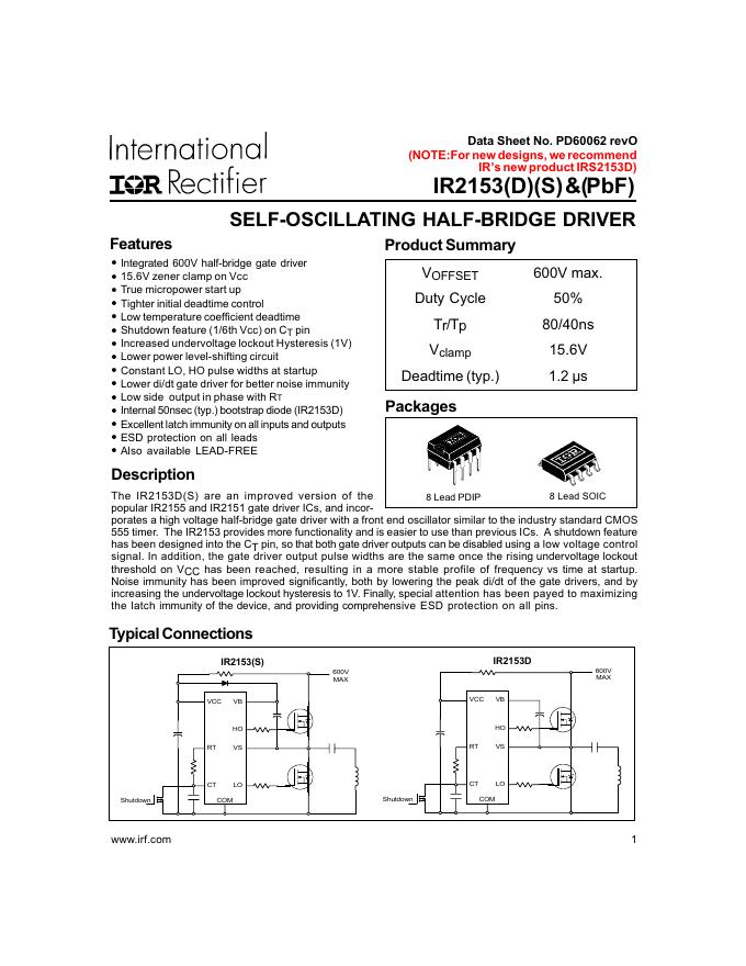 lnternational IOR Rectifier IR2153(D)(S) &(PbF) SELF-OSCILLATING HALF-BRIDGE DRIVER 数据手册