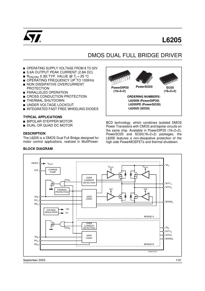 ST L6205 DMOS DUAL FULL BRIDGE DRIVER 数据手册