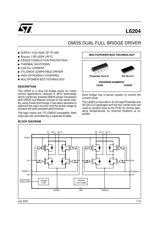 ST L6204 DMOS DUAL FULL BRIDGE DRIVER 数据手册