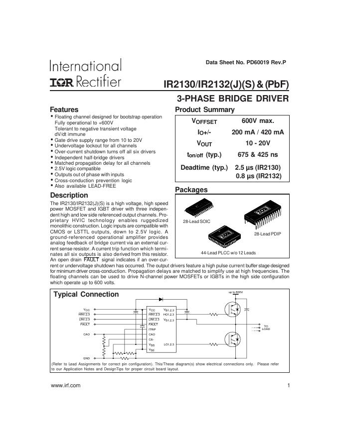 lnternational IOR Rectifier IR2130/IR2132(J)(S) & (PbF) 3-PHASE BRIDGE DRIVER 数据手册
