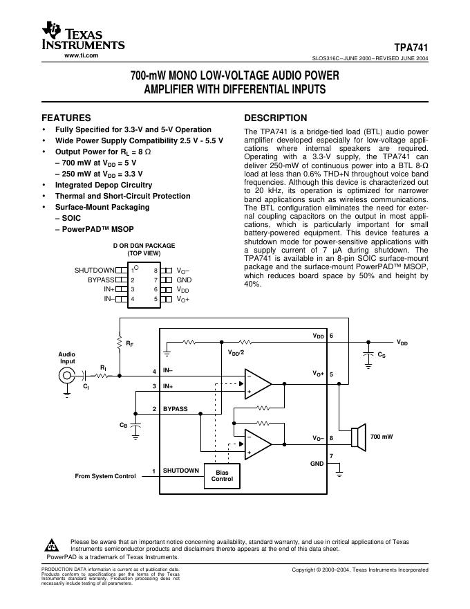 TEXAS INSTRUMENTS TPA741 700-mW MONO LOW-VOLTAGE AUDIO POWER AMPLIFIER WITH DIFFERENTIAL INPUTS 数据手册