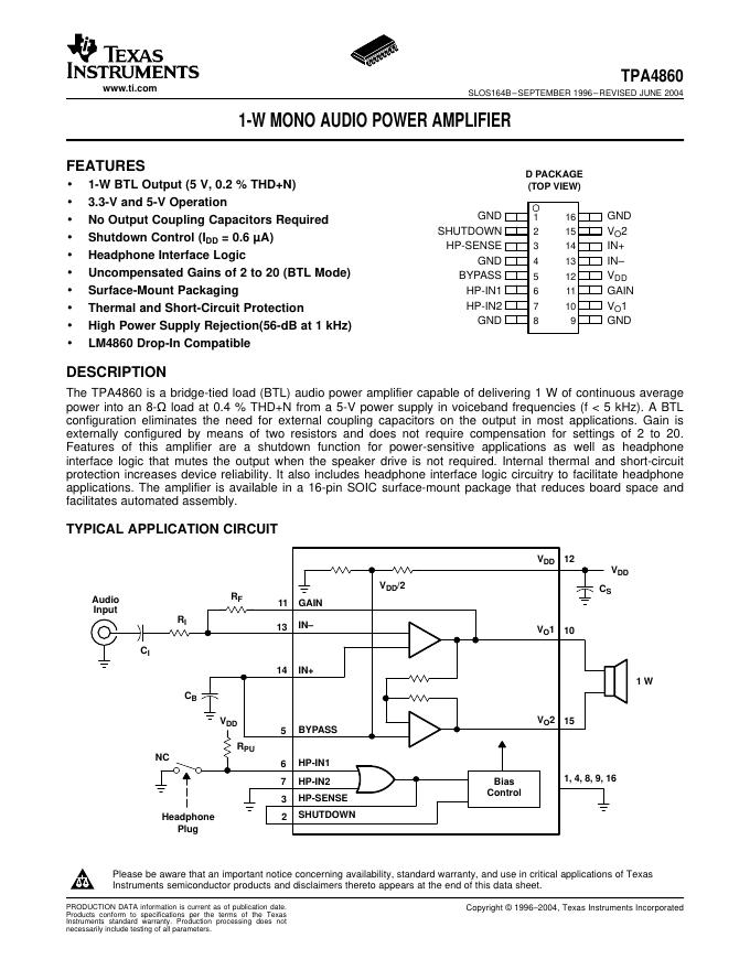 TEXAS INSTRUMENTS TPA4860 1-W MONO AUDIO POWER AMPLIFIER 数据手册