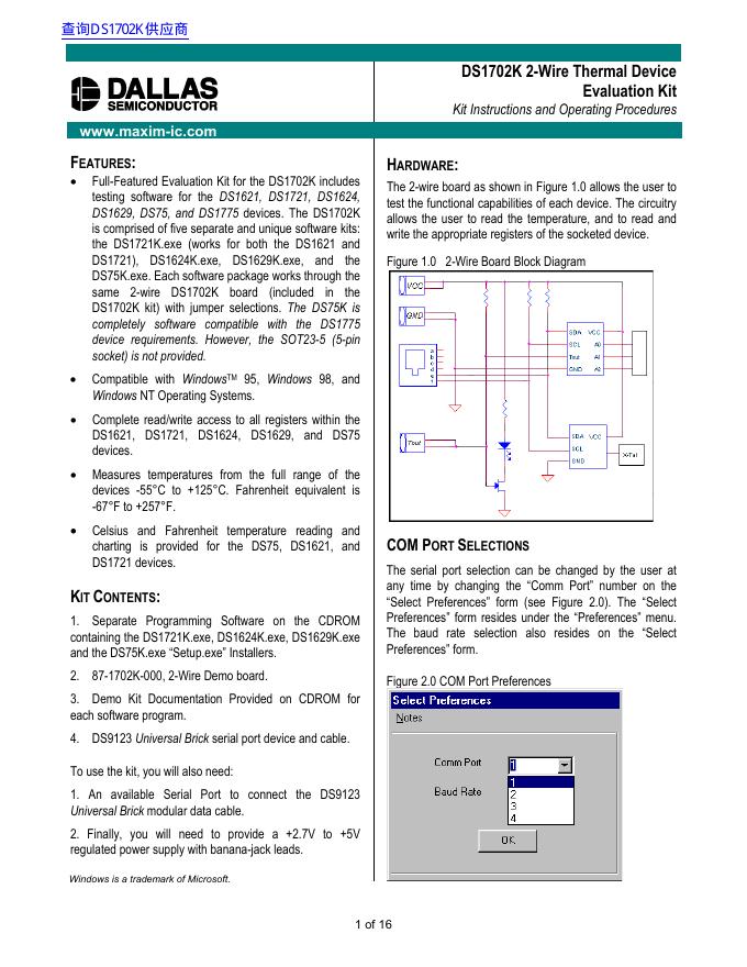 DALLAS DS1702K 2-Wire Thermal Device Evaluation Kit 数据手册