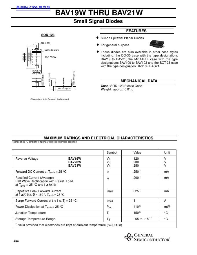 GENERAL SEMICONDUCTOR BAV19W THRU BAV21W 数据手册