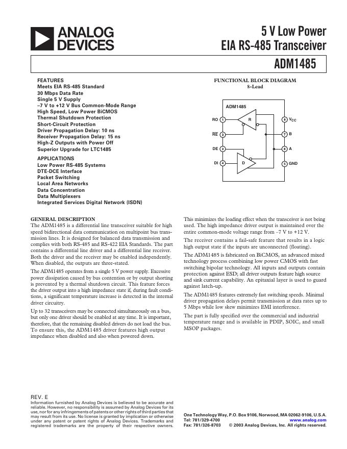 ANALOG DEVICES ADM1485 英文产品数据手册 Rev E