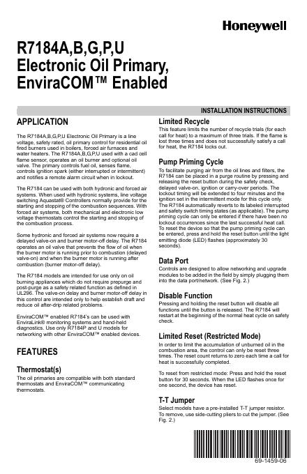 Honewell R7184A,B,G,P,U Electronic Oil Primary, EnviraCOM Enabled 数据手册