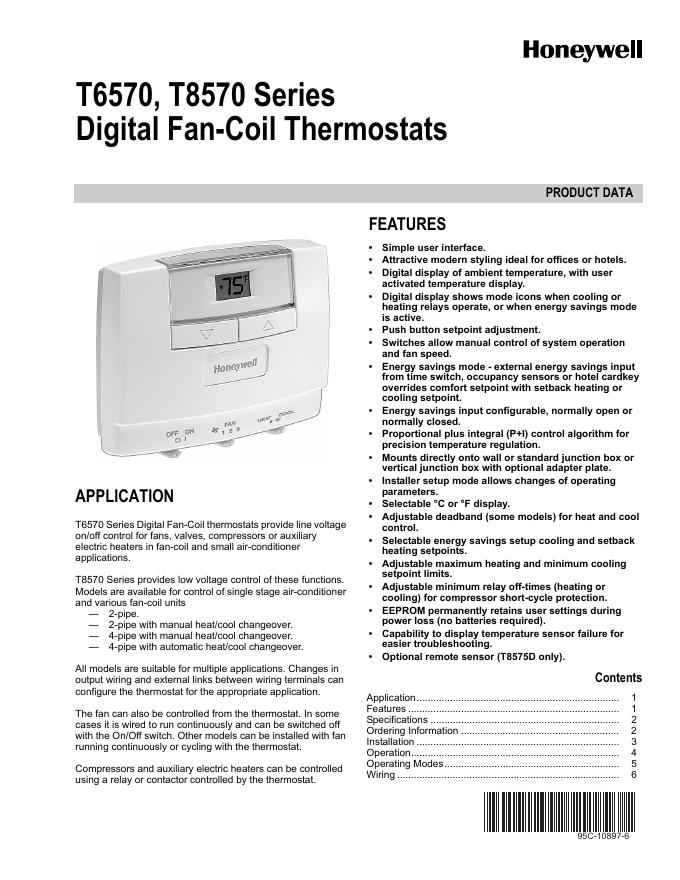 Honewell T6570, T8570 Series Digital Fan-Coil Thermostats 数据手册