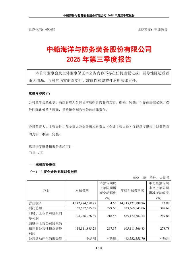 600685-中船防务：中船防务2025年第三季度报告