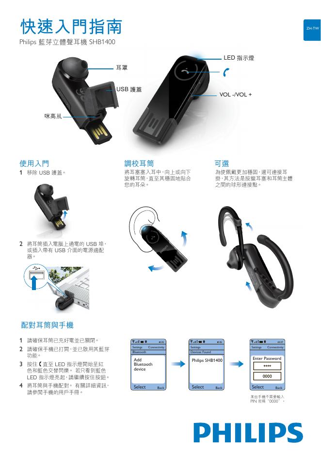 Philips 藍芽立體聲耳機 SHB1400 快速<em>入门</em>指南 海报
