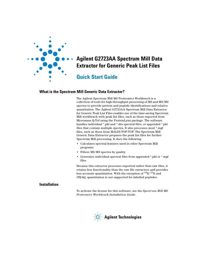 Agilent G2723AA Spectrum Mill Data Extractor for Generic Peak List Files 快速<em>入门</em>指南 海报