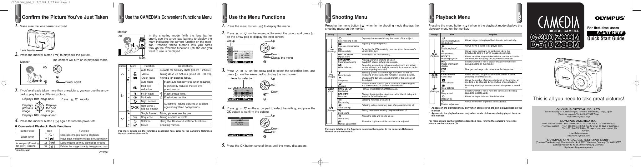 OLYMPUS C-200 ZOOM,D-510 ZOOM 数码相机 快速<em>入门</em>指南 海报