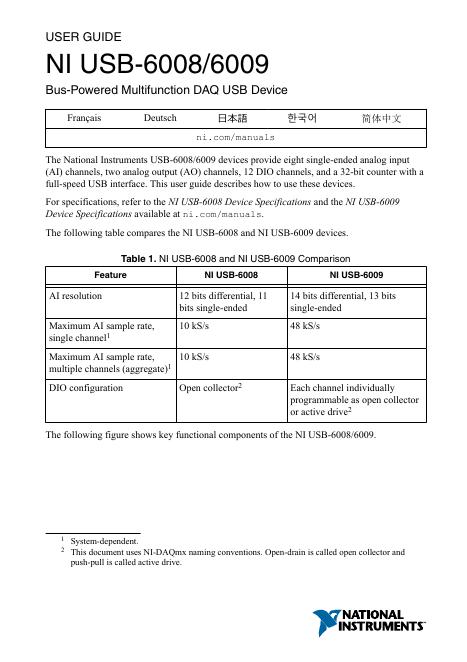 ni usb-6008/6009 多功能daq usb设备用户指南