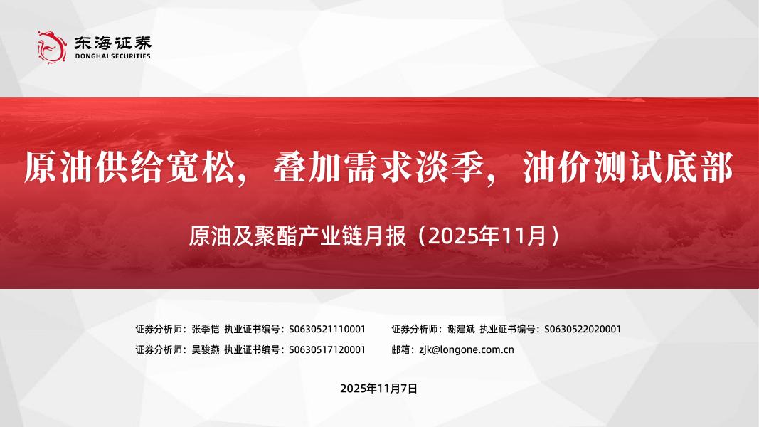 东海证券：原油及聚酯产业链月报（2025年11月）：原油供给宽松，叠加需求淡季，油价测试底部海报