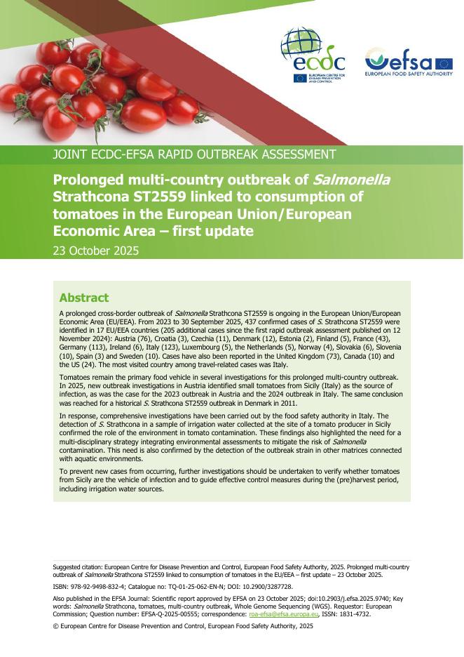 欧洲疾控中心：2025年与欧盟/欧洲经济区食用西红柿有关的沙门氏菌Strathcona ST2559持续多国爆发疫情首次报告（英文版）海报