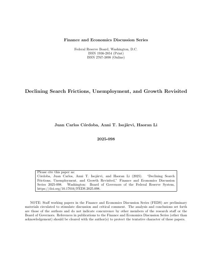 美联储：重新审视搜索摩擦、失业和增长的下降（英文版）