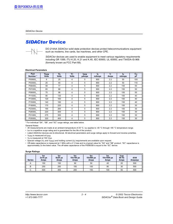 Teccor Electronics SIDACtor Data Book and Design Guide