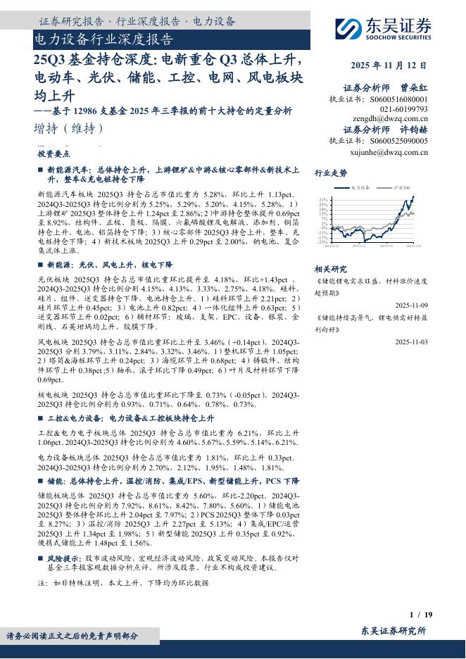 东吴证券：电力设备行业深度报告：25Q3基金持仓深度：电新重仓Q3总体上升，电动车、光伏、储能、工控、电网、风电板块均上升——基于12986支基金2025年三季报的前十大持仓的定量分析海报