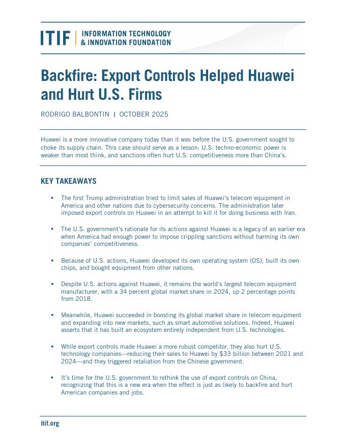ITIF：2025年适得其反：出口管制帮助了华为，伤害了美国公司报告（英文版）海报