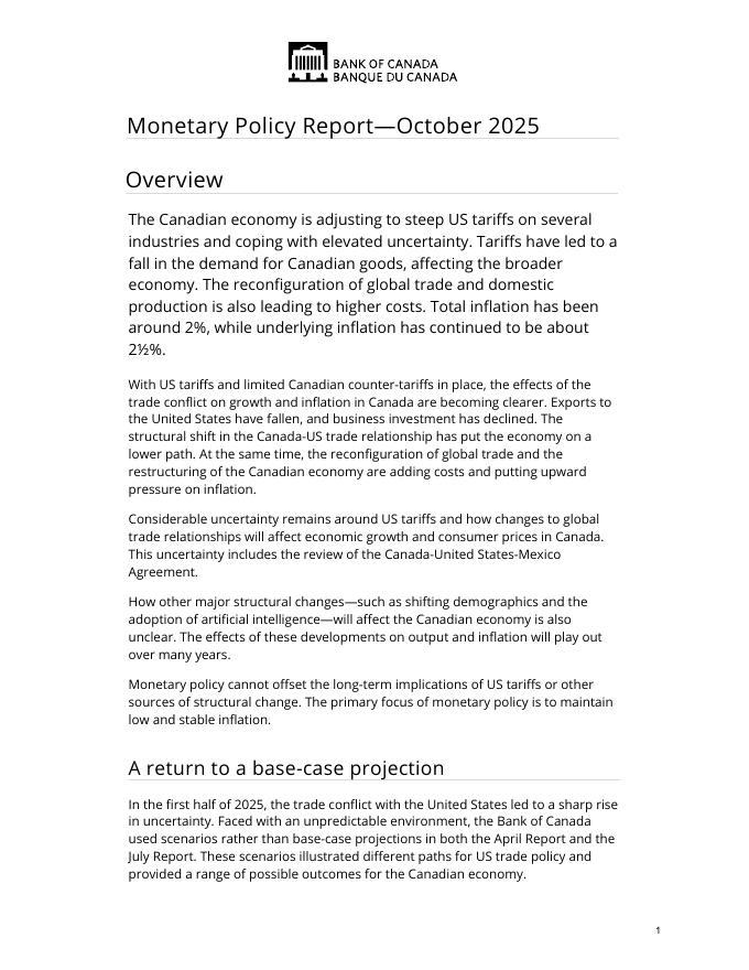 加拿大中央银行：2025年10月货币政策报告（英文版）海报