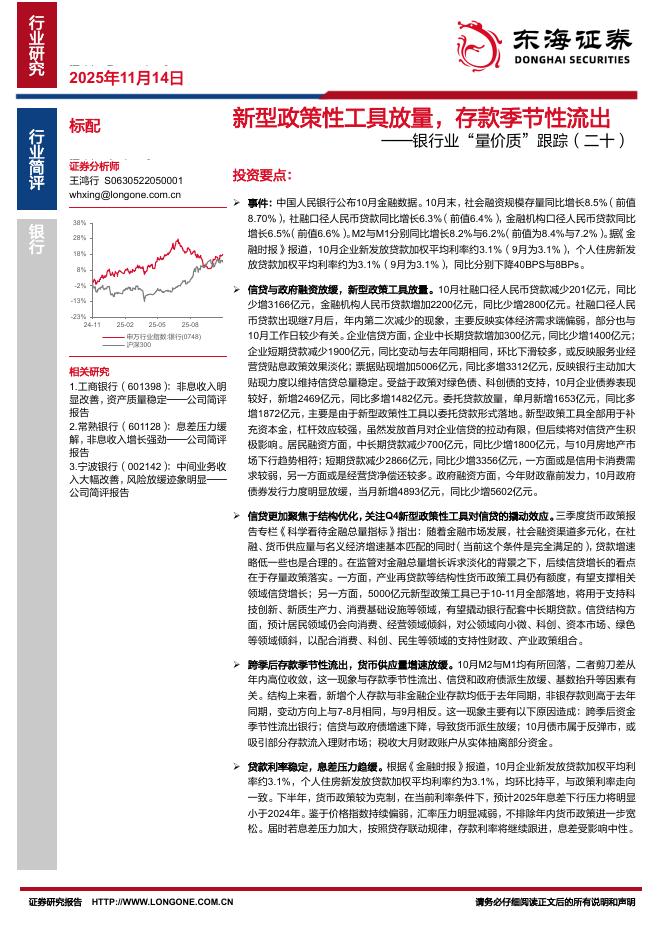 东海证券：银行业“量价质”跟踪（二十）：新型政策性工具放量，存款季节性流出海报