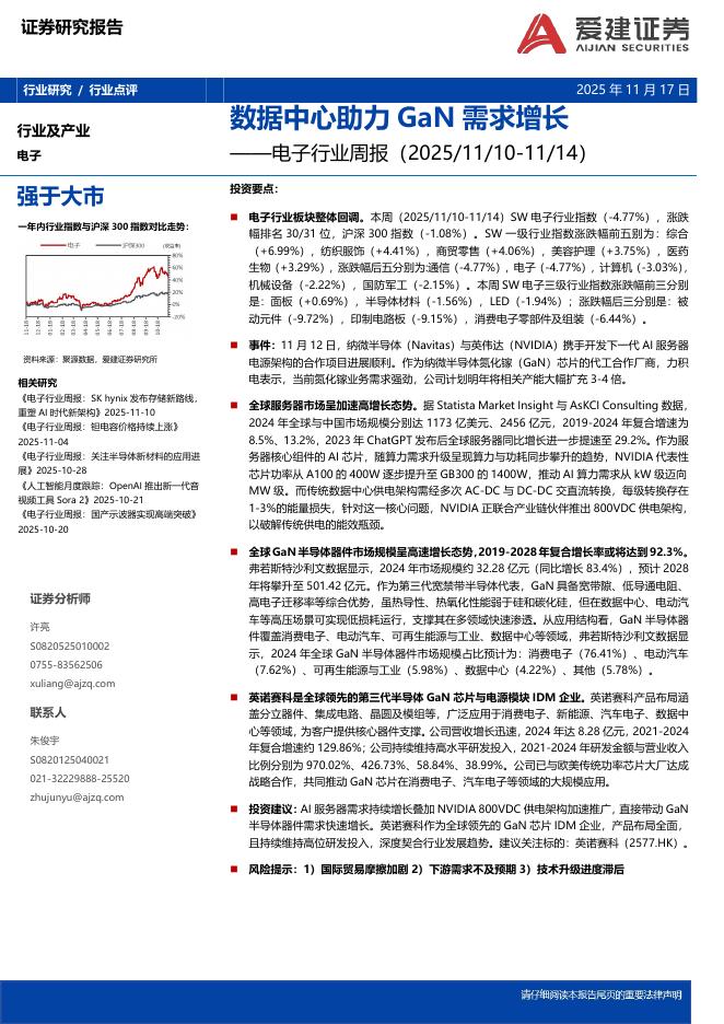 爱建证券：电子行业周报：数据中心助力GaN需求增长海报