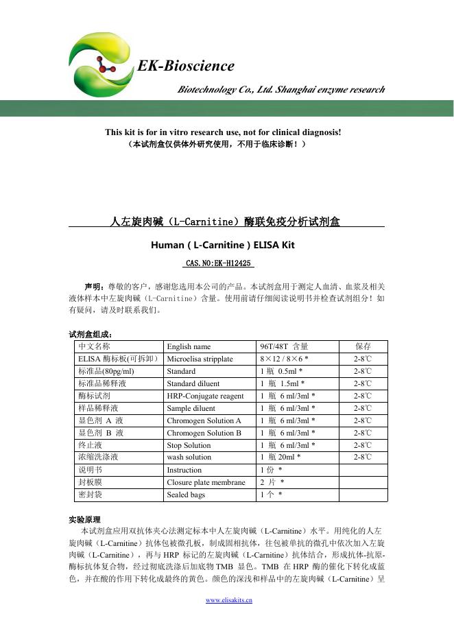 人左旋肉碱酶联免疫分析试剂盒