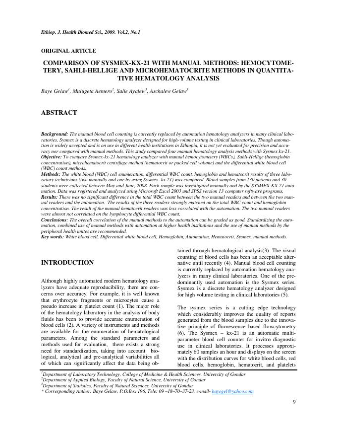 比较Sysmex-kx-21与手动方法:血细胞计数,Sahli-Hellige和微血细胞压积法在定量血液学分析中