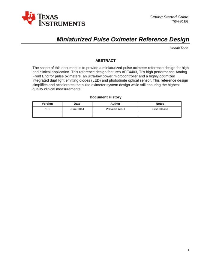 TIDA-00301 微型化脉搏血氧仪参考设计