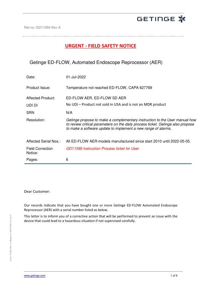 Getinge ED-FLOW,Automated Endoscope Reprocessor(AER)温度传感器不正常工作