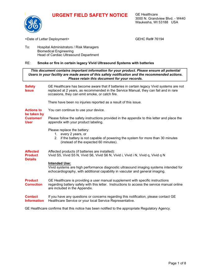 GE Healthcare 发布安全通知：部分 Vivid 超声系统电池可能发生故障