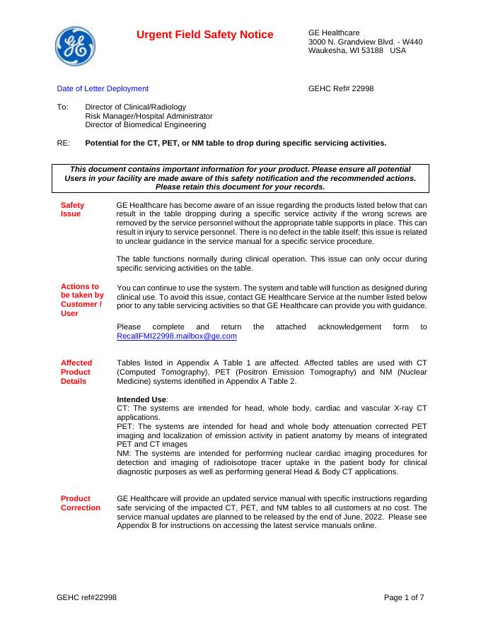 GE Healthcare 发布紧急安全通知