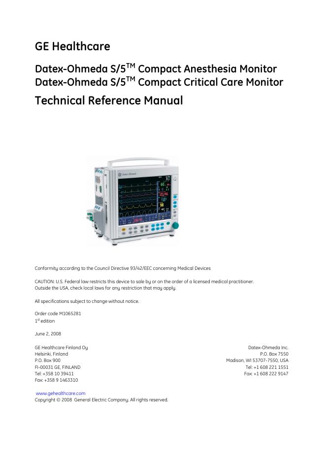 ge healthcare datex-ohmeda s/5 compact anesthesia monitor技术参考手册