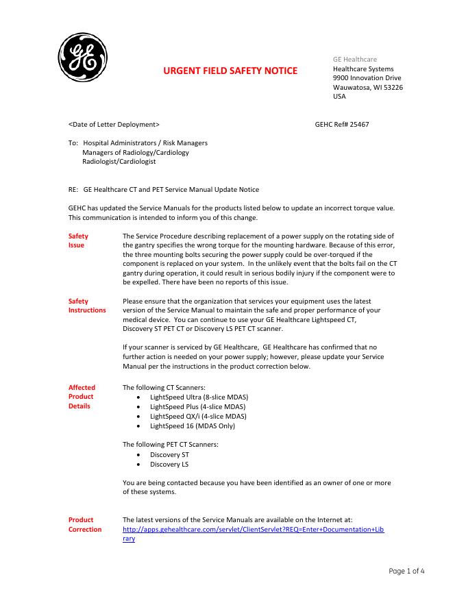 GE Healthcare 医疗设备安全更新公告