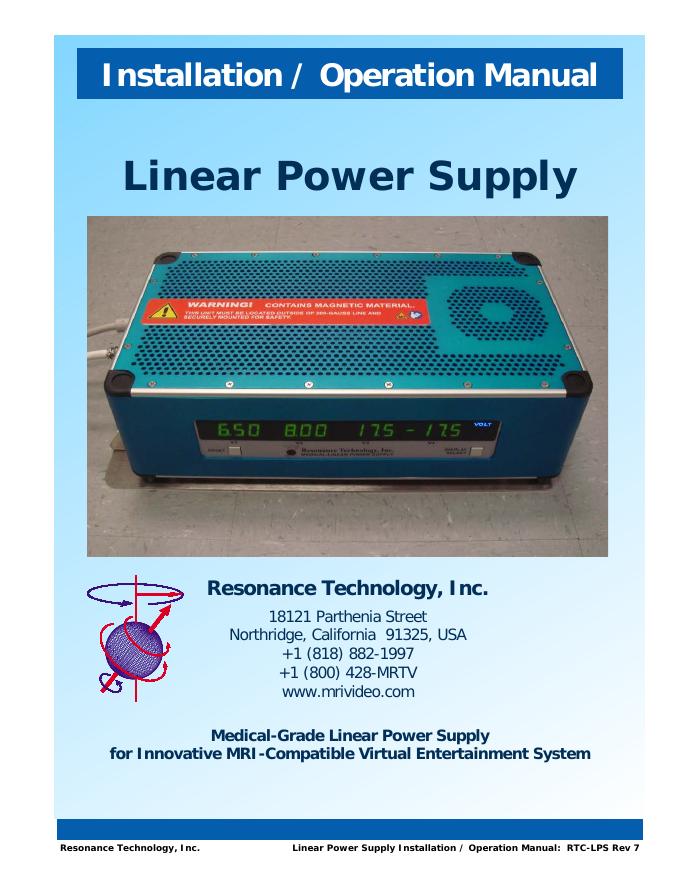 Resonance Technology,Inc.线性电源安装和操作手册