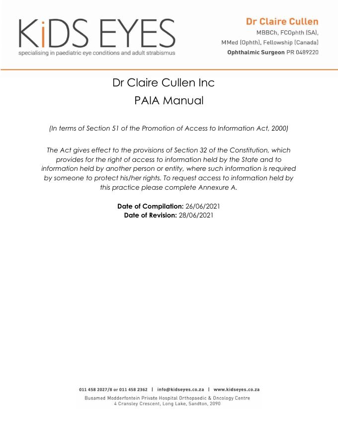 Dr Claire Cullen Inc PAIA Manual