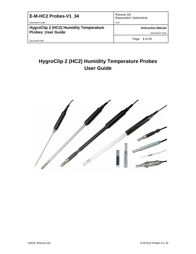 HygroClip 2（HC2）湿度温度探头用户手册