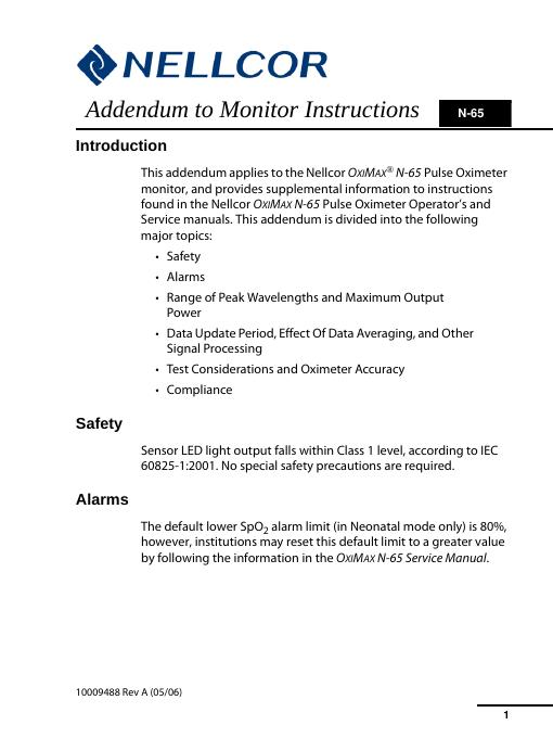 Nellcor OXIMAX N-65 脉搏血氧仪 附加信息