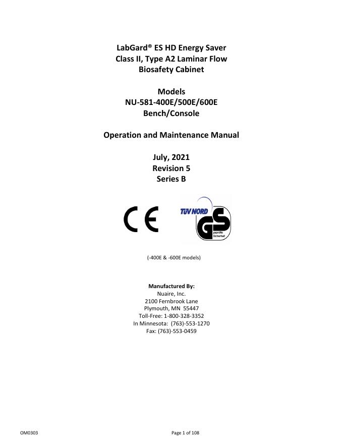 LabGard® ES HD能源节省型生物安全柜操作和维护手册