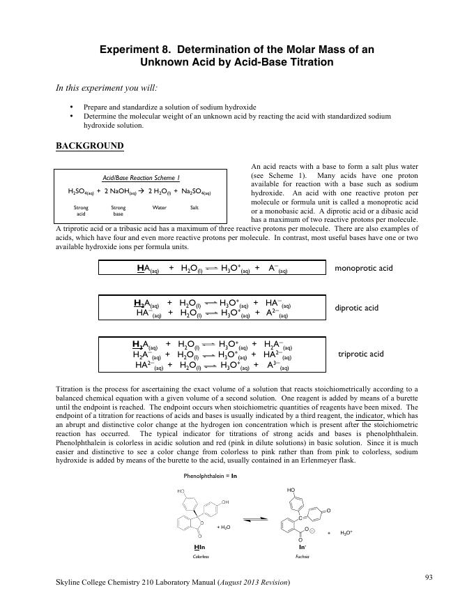 酸碱滴定法测定未知酸的摩尔质量