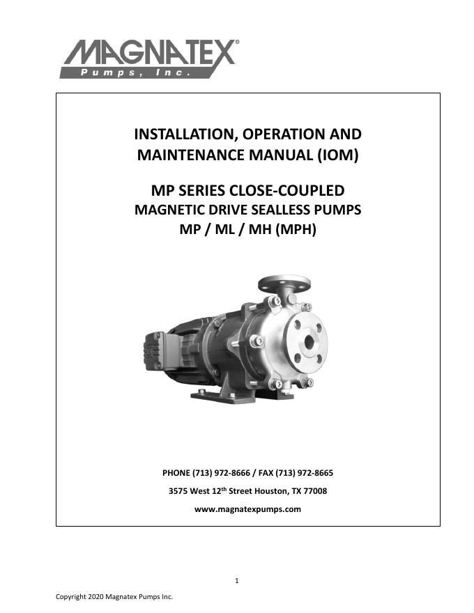 MP系列磁力驱动无密封泵安装、操作和维护手册