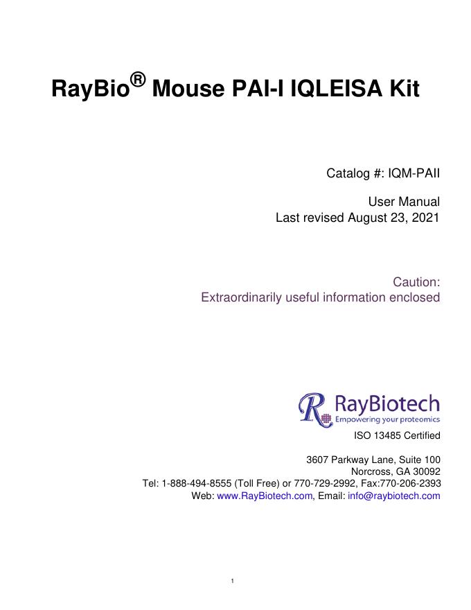RayBio® Mouse PAI-I IQLEISA Kit使用手册