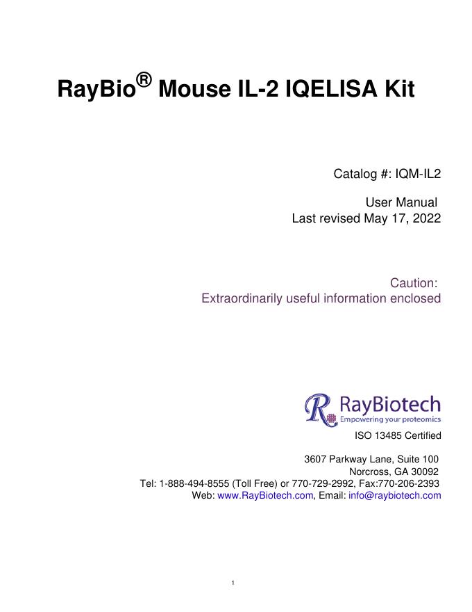 RayBio® Mouse IL-2 IQELISA Kit使用手册