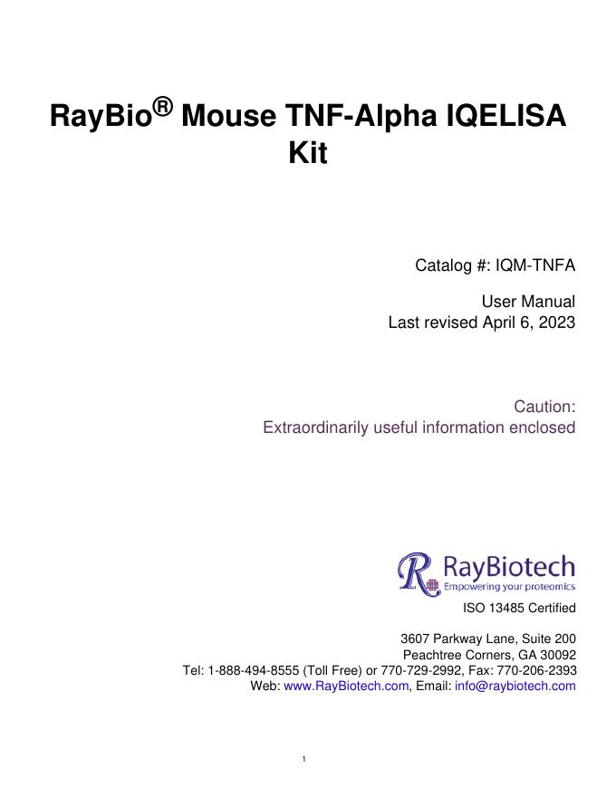 RayBio® Mouse TNF-Alpha IQELISA Kit 用户手册